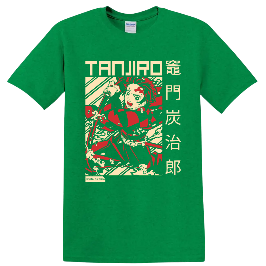 Tanjiro Kamado katana action graphic with manga lettering and sweeping motion lines on a Antic Irish Green T Shirt