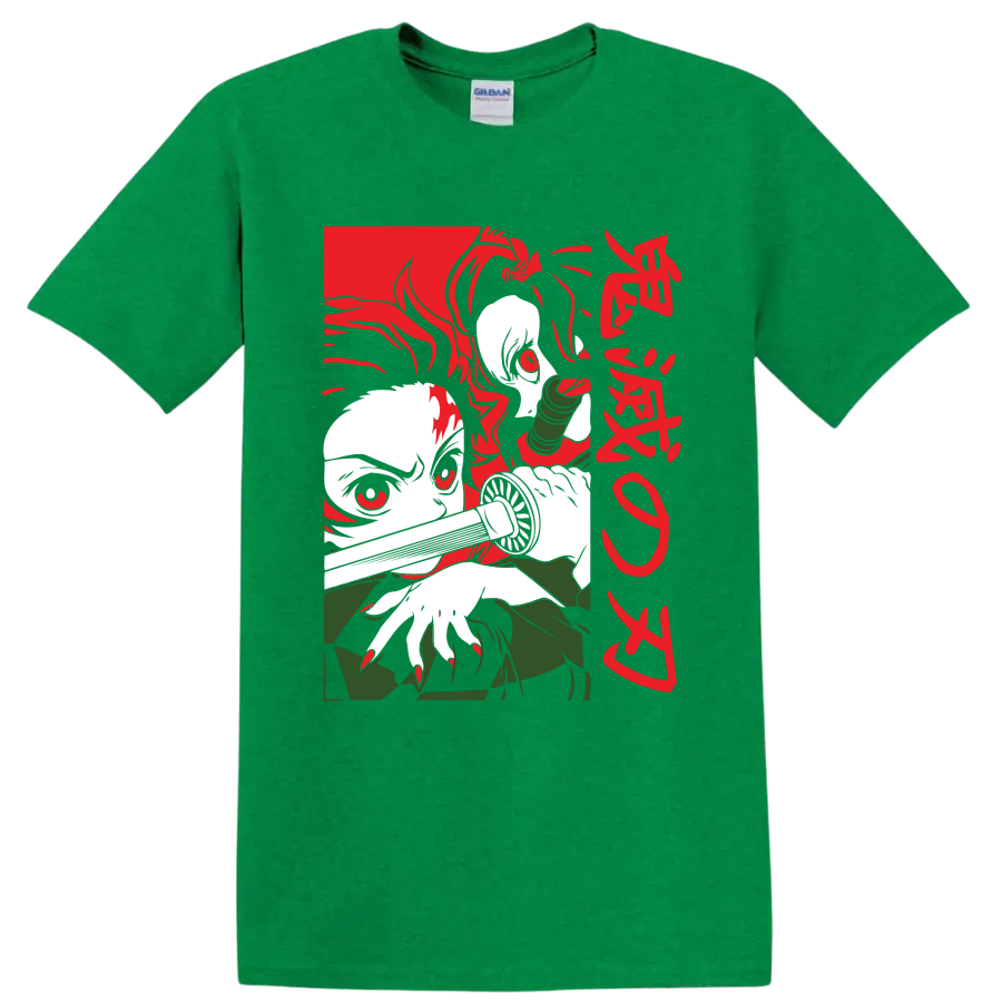 Tanjiro and Nezuko Kamado manga-style graphic with Nezuko's bamboo muzzle on a Antic Irish Green T Shirt