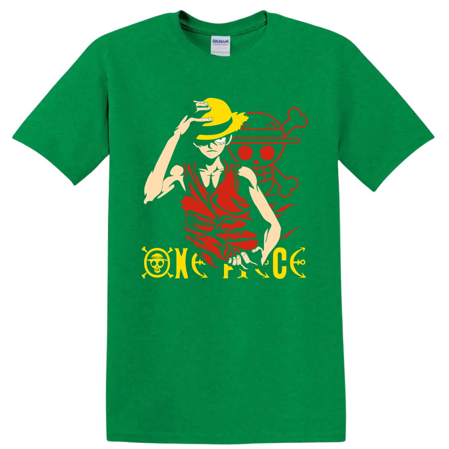 Monkey D. Luffy in a straw hat before a pirate skull anime graphic on a Antic Irish Green T Shirt