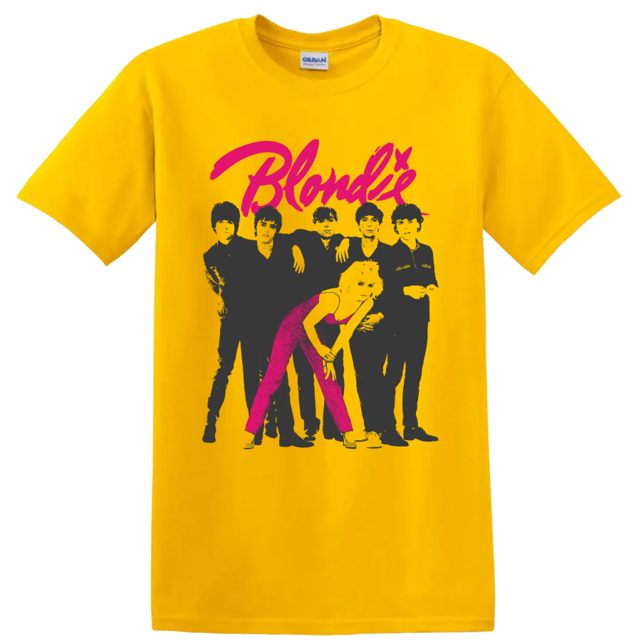 Blondie Debbie Harry punk rock graphic with hot pink script on a Daisy (Yellow) T Shirt