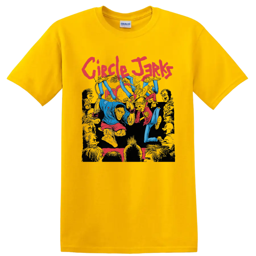 Circle Jerks punk rock graphic with red lettering and concert crowd on a Daisy (Yellow) T Shirt