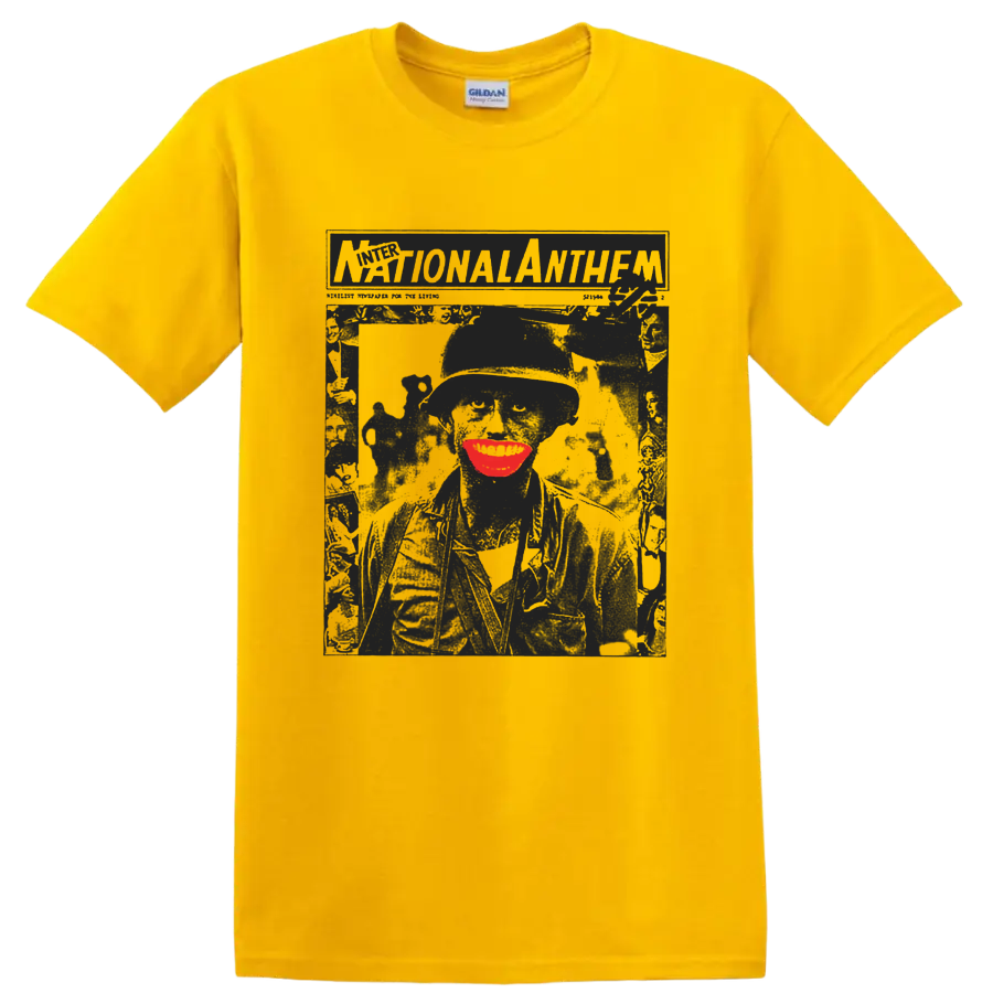 Crass punk rock distressed poster graphic with vivid red accent on a Daisy (Yellow) T Shirt