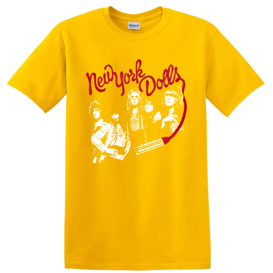 New York Dolls punk rock graphic with red script and white performers on a Daisy (Yellow) T Shirt