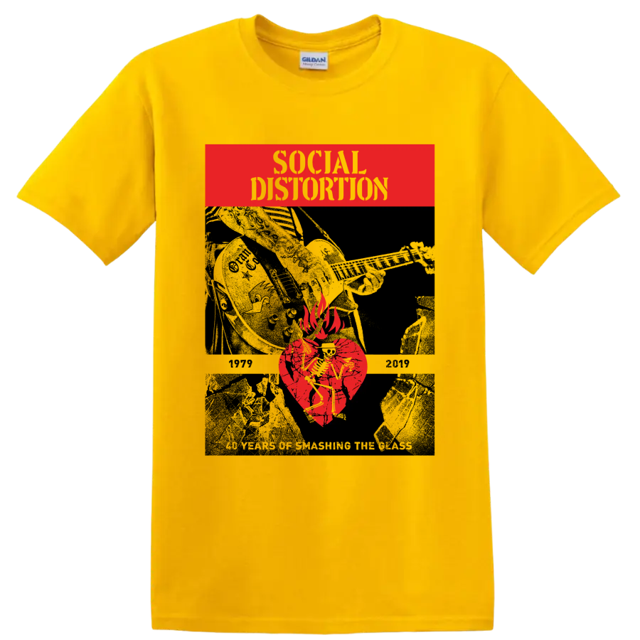 Social Distortion cracked heart flame punk rock graphic on a Daisy (Yellow) T Shirt