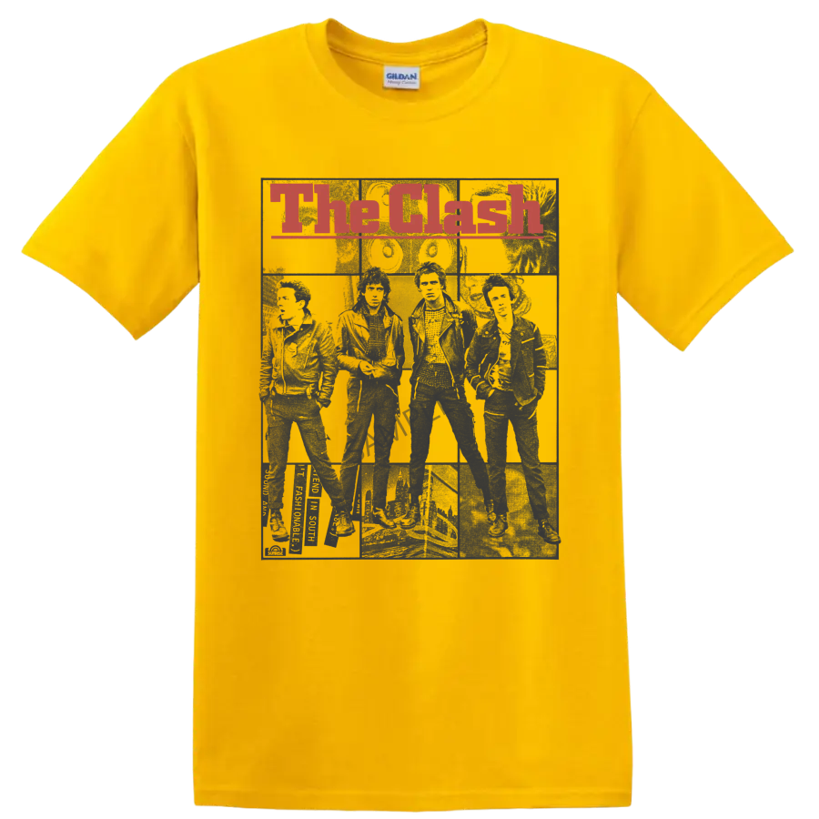 The Clash distressed red lettering over a gritty monochrome band collage on a Daisy (Yellow) T Shirt