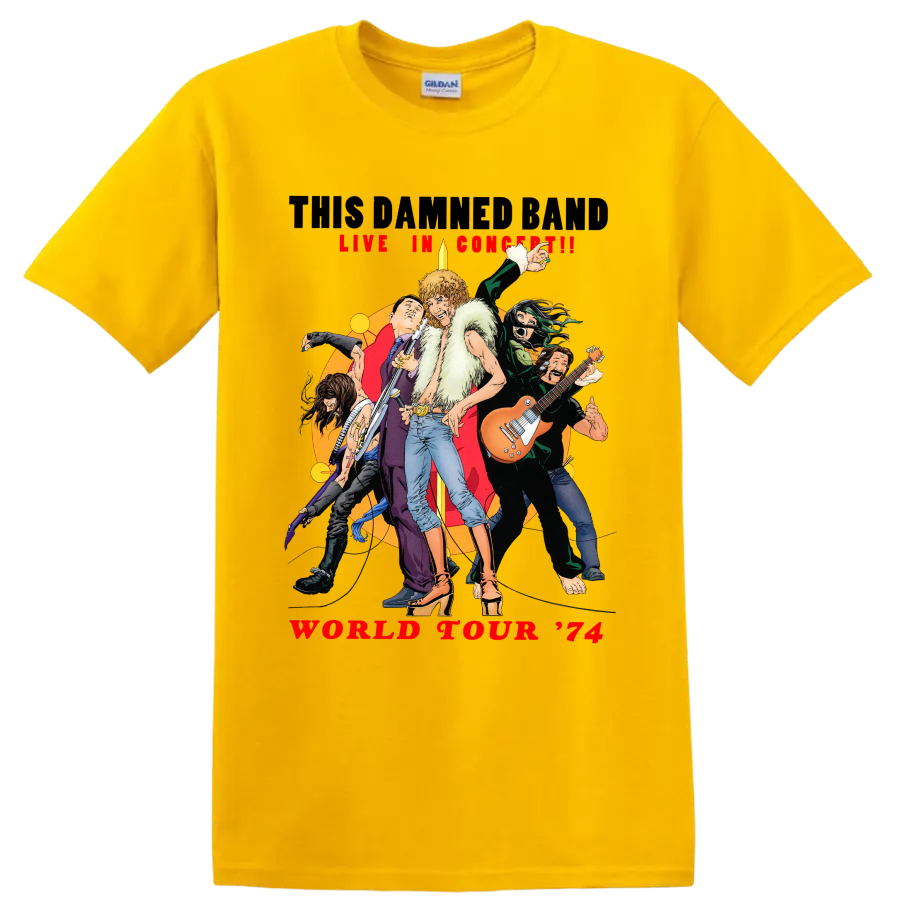The Damned World Tour 74 vintage punk rock musicians graphic on a Daisy (Yellow) T Shirt