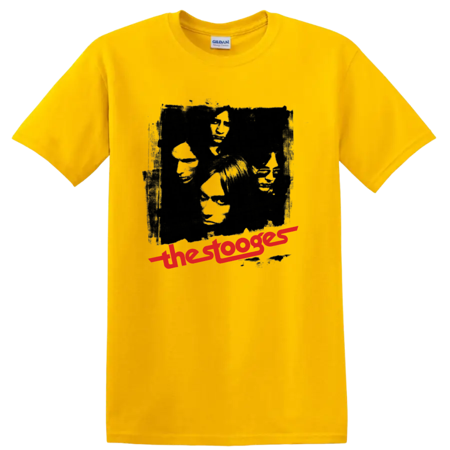 The Stooges vintage punk rock portrait collage with red band lettering on a Daisy (Yellow) T Shirt