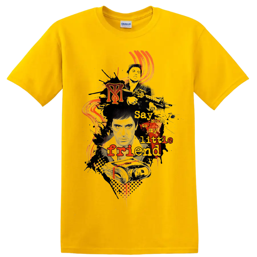Scarface Tony Montana distressed collage graphic with red accents on a Daisy (Yellow) T Shirt