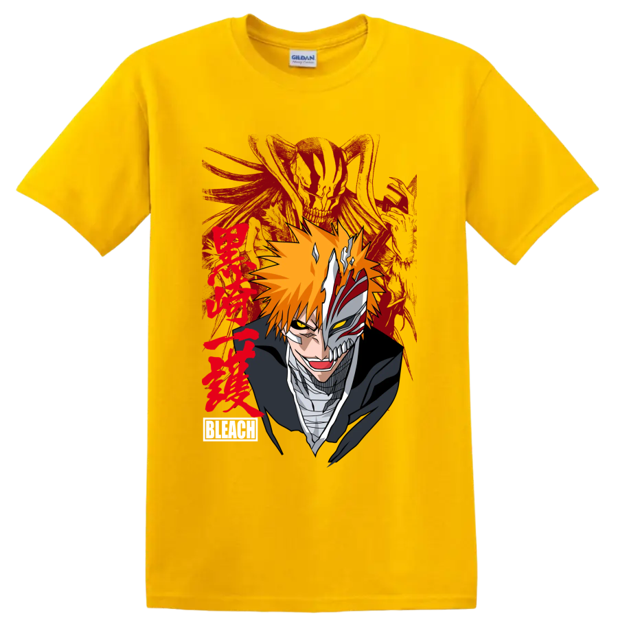 Ichigo Kurosaki split Hollow mask portrait with orange hair and red brushstroke art on a Daisy (Yellow) T Shirt