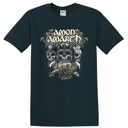 Amon Amarth logo above Viking helmet skulls, crossed weapons, and Norse knotwork on a Midnight (Green) T Shirt