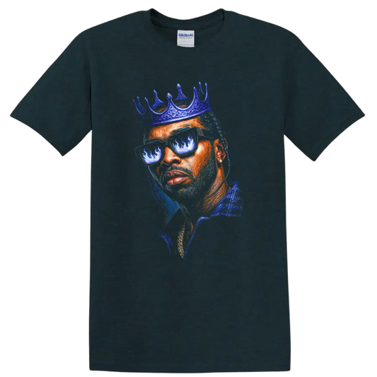 The Notorious B.I.G. crown portrait in vivid blue and orange pop art style on a Midnight (Green) T Shirt