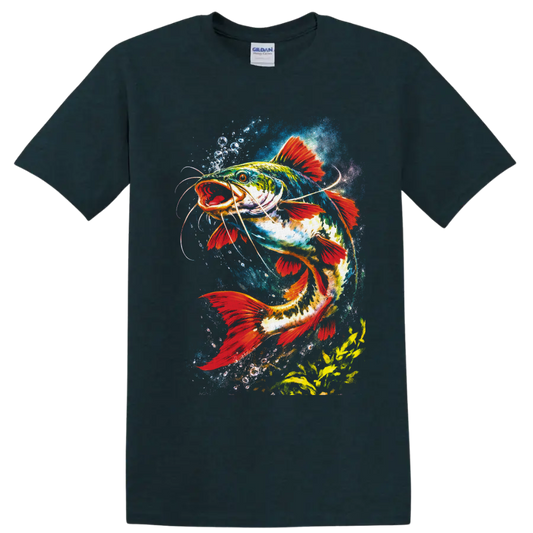 Vibrant watercolor catfish with red fins swimming through blue splashes and bubbles on a Midnight (Green) T Shirt
