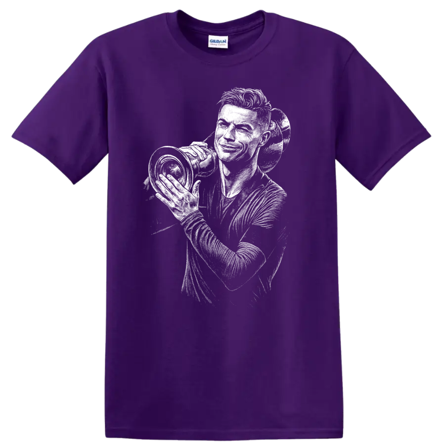 High-contrast retro soccer portrait of Cristiano Ronaldo T shirt on a Purple T Shirt