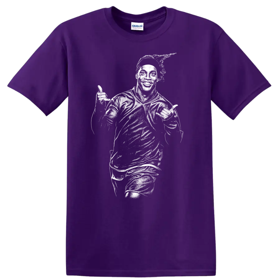 Retro soccer player portrait in legend style inspired by Ronaldinho on a T shirt on a Purple T Shirt
