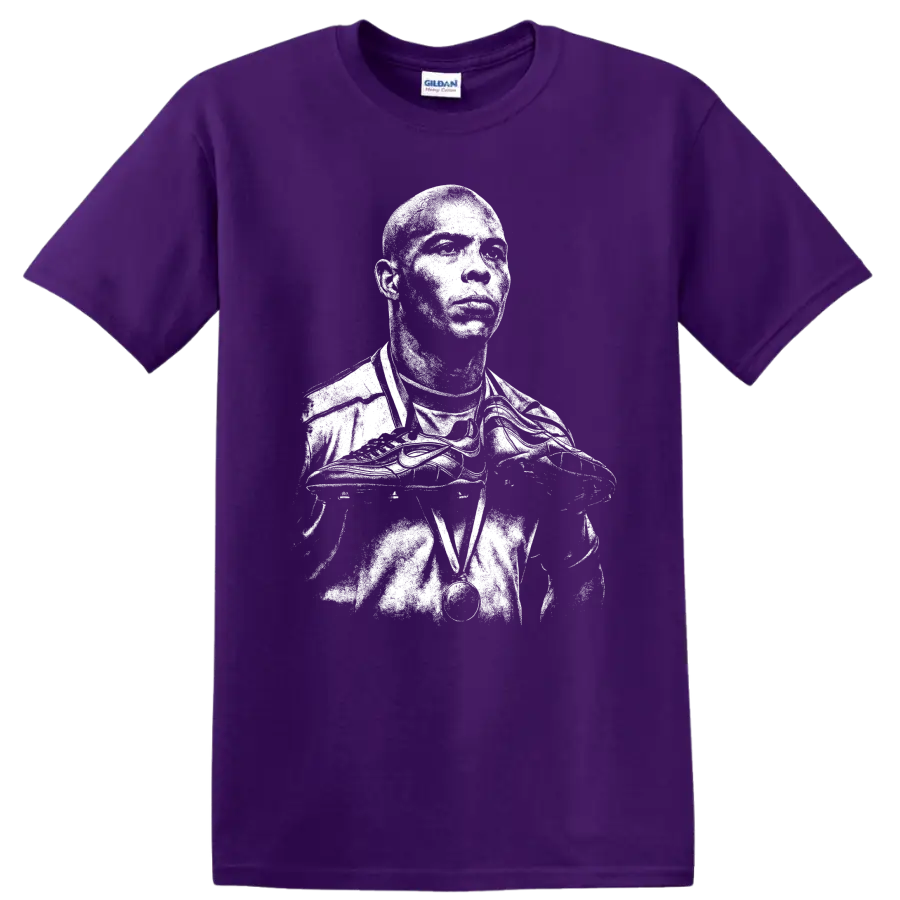 Retro soccer portrait of Ronaldo Nazário legend style T shirt on a Purple T Shirt