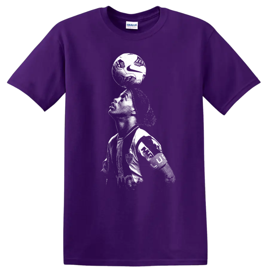 Retro soccer legend portrait of Ronaldinho Gaúcho style on black T shirt on a Purple T Shirt