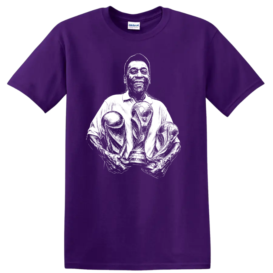 Retro soccer Pelé legend style portrait graphic T shirt on a Purple T Shirt