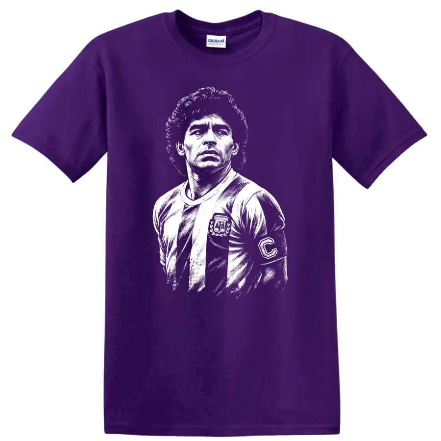 Black and white retro portrait of Diego Maradona on a T shirt on a Purple T Shirt