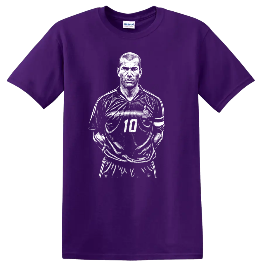 Black and white retro soccer portrait graphic T-shirt inspired by Zidane on a Purple T Shirt