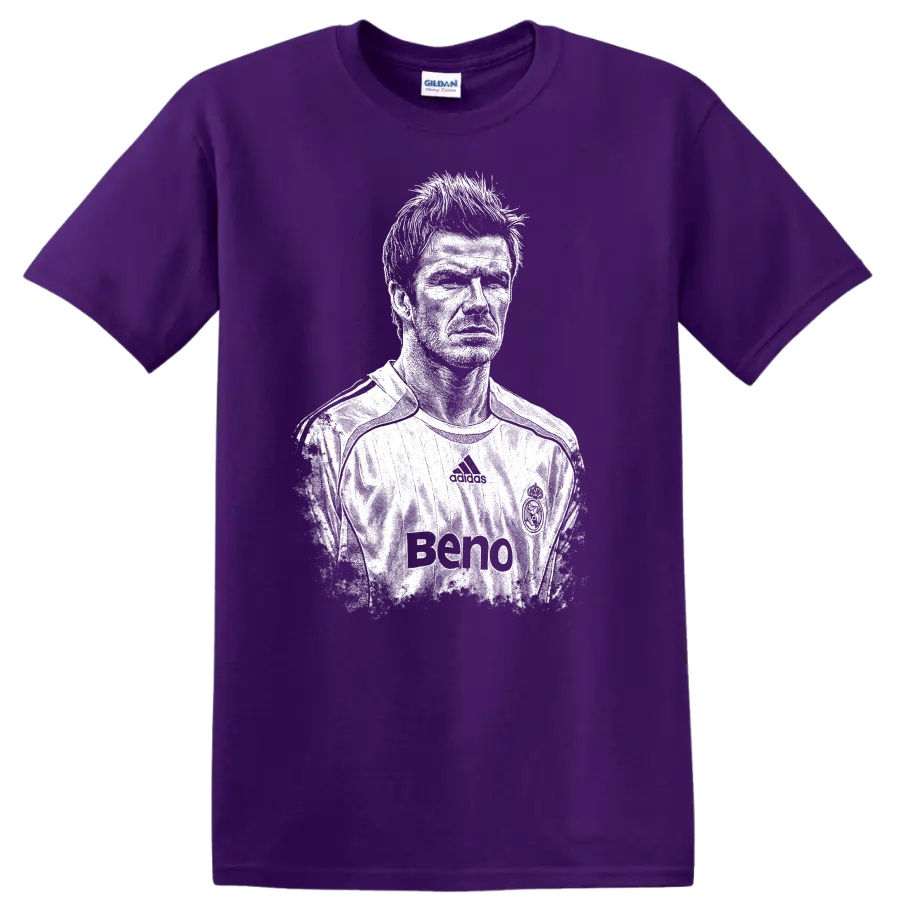 Retro soccer portrait style graphic inspired by David Beckham on a Purple T Shirt