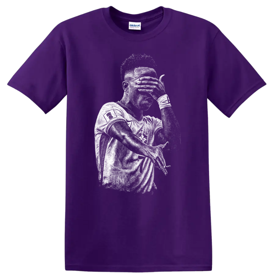 Retro black and white soccer portrait of Vinícius Júnior T Shirt on a Purple T Shirt
