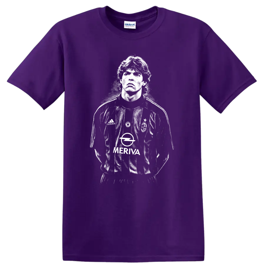Retro black and white soccer legend portrait style graphic of Ricardo Kaká T shirt on a Purple T Shirt