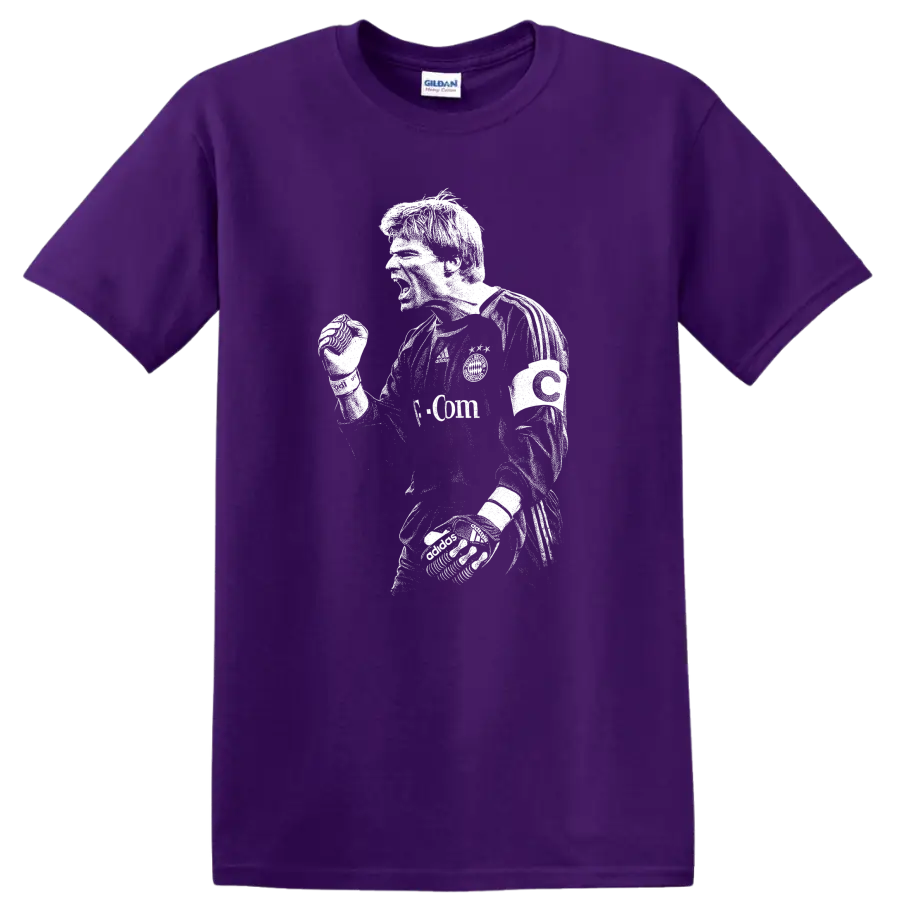 Black and white retro soccer portrait of Oliver Kahn on a T shirt on a Purple T Shirt