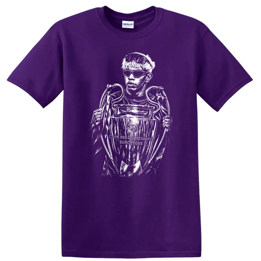 Retro black and white soccer portrait of Lamine Yamal style T-shirt on a Purple T Shirt