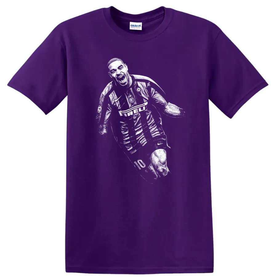 Retro soccer legend portrait of Adriano Leite Ribeiro on a T Shirt on a Purple T Shirt