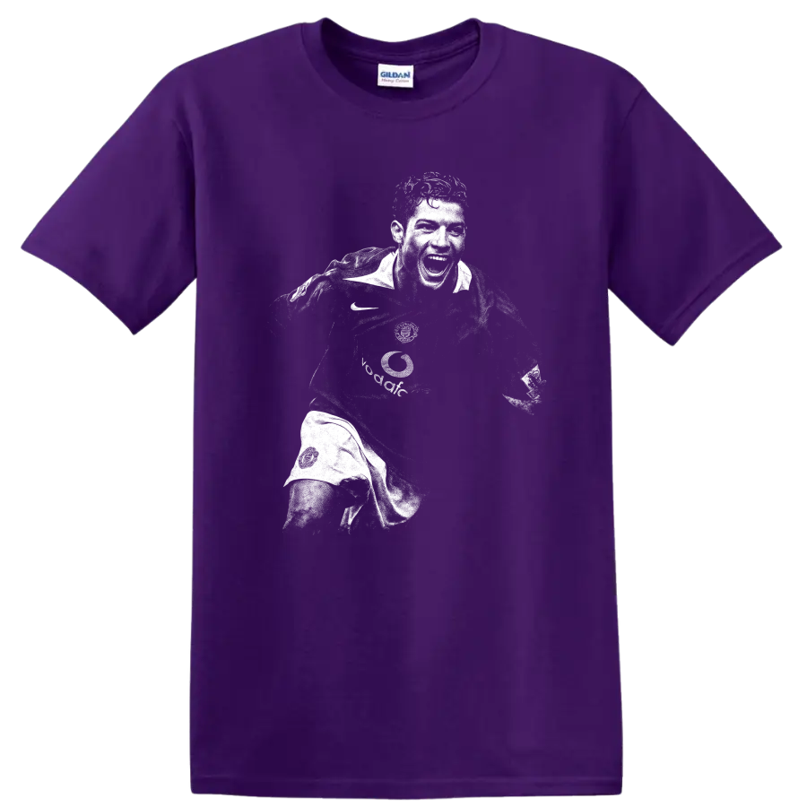 Retro black and white Cristiano Ronaldo soccer portrait graphic T shirt on a Purple T Shirt