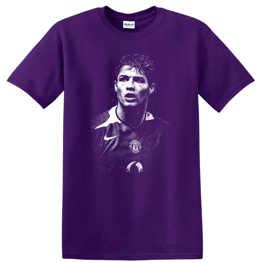 Retro black and white Cristiano Ronaldo portrait style T shirt design on a Purple T Shirt