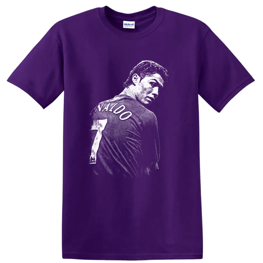 Retro soccer portrait of Cristiano Ronaldo style graphic T Shirt on a Purple T Shirt