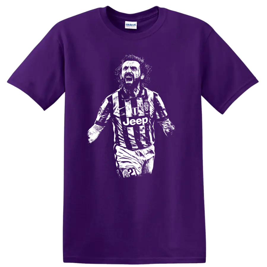 Retro soccer portrait design inspired by Andrea Pirlo on a T Shirt on a Purple T Shirt