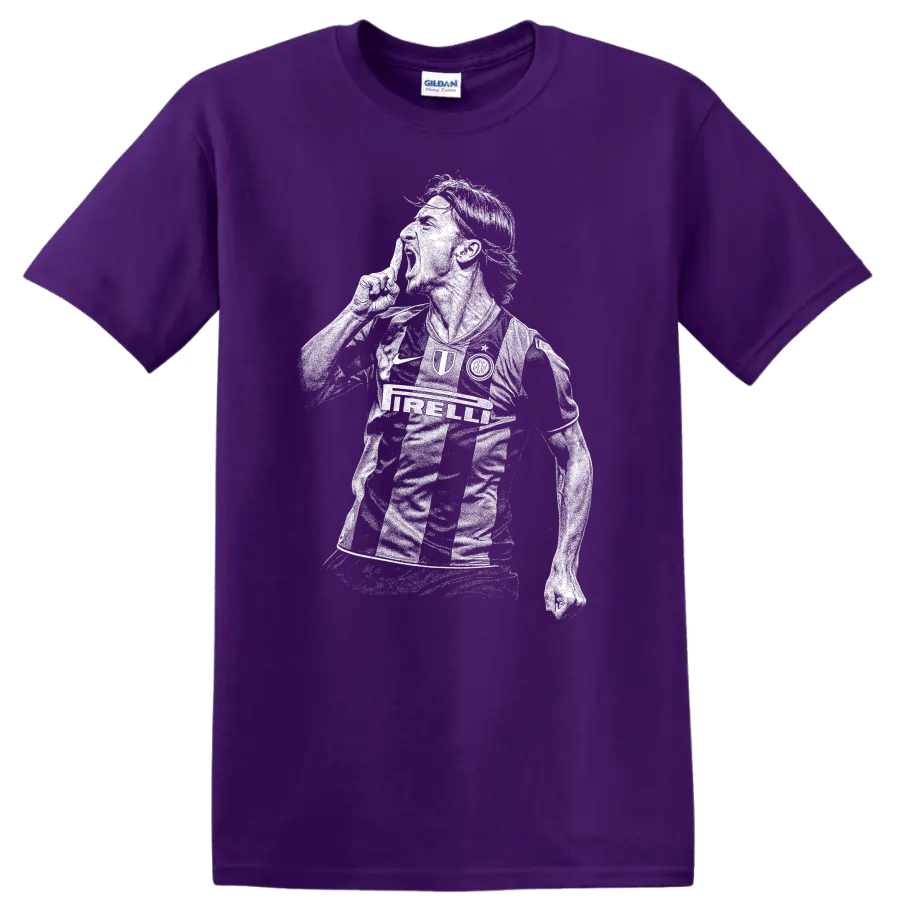 Black and white retro soccer player portrait graphic T Shirt featuring Zlatan Ibrahimovic on a Purple T Shirt