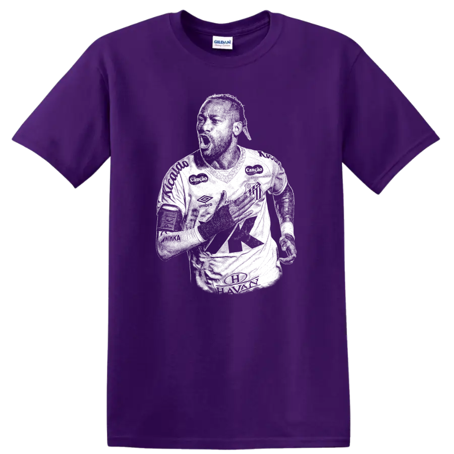 Retro soccer portrait silhouette inspired by Neymar Jr. on a black T shirt on a Purple T Shirt