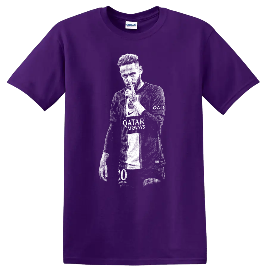 Retro soccer player portrait silhouette design inspired by Neymar Jr. T Shirt on a Purple T Shirt