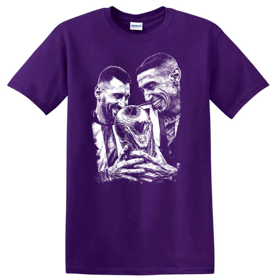 Retro soccer legend portrait design featuring Lionel Messi and Ángel Di María T Shirt on a Purple T Shirt