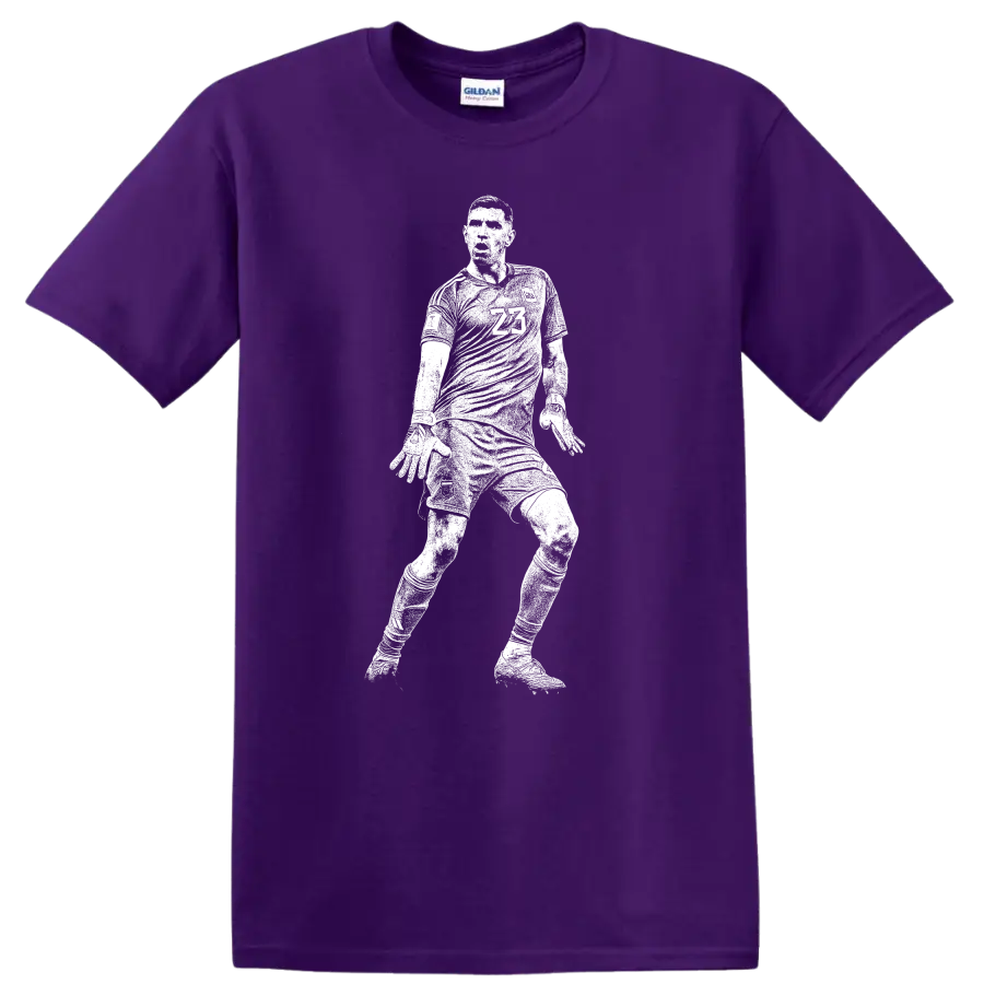 Black and white retro soccer player silhouette design for Emiliano Martínez T shirt on a Purple T Shirt