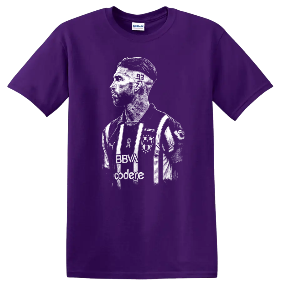 Retro style Sergio Ramos soccer portrait graphic on T shirt on a Purple T Shirt