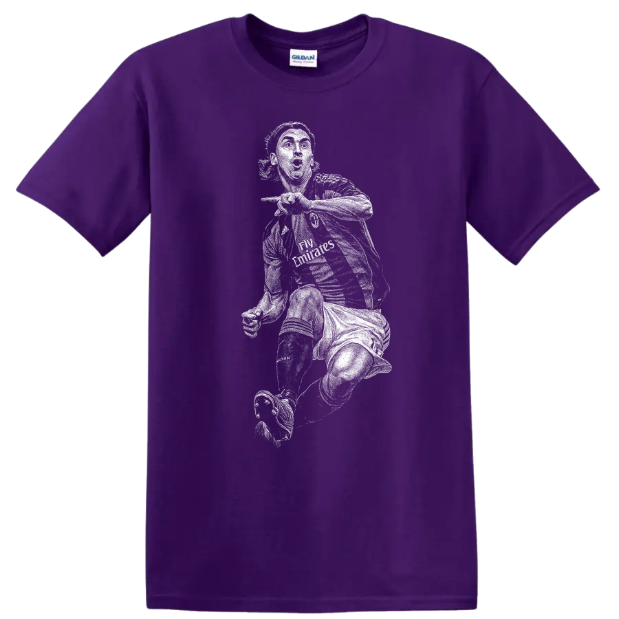 Retro soccer portrait of Zlatan Ibrahimović style graphic T Shirt on a Purple T Shirt