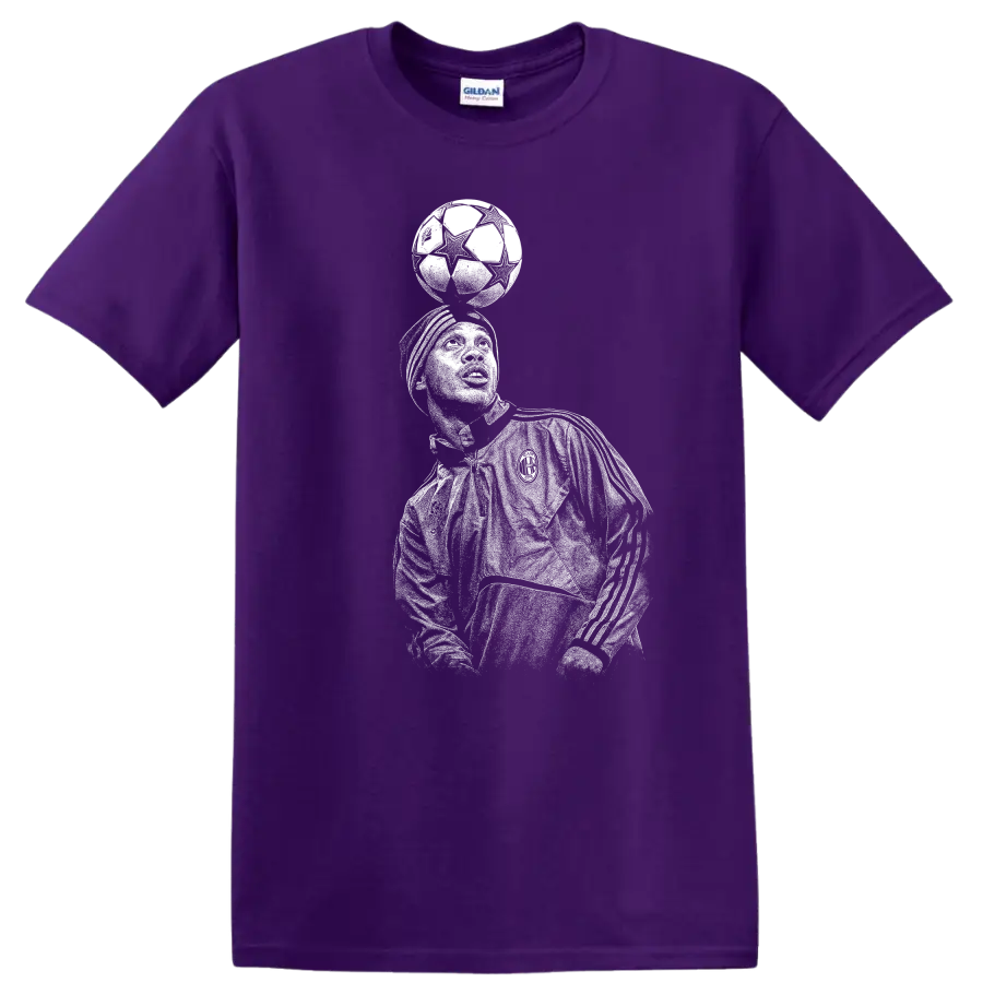 Retro soccer portrait of Ronaldo de Assis Moreira in legend style T shirt on a Purple T Shirt
