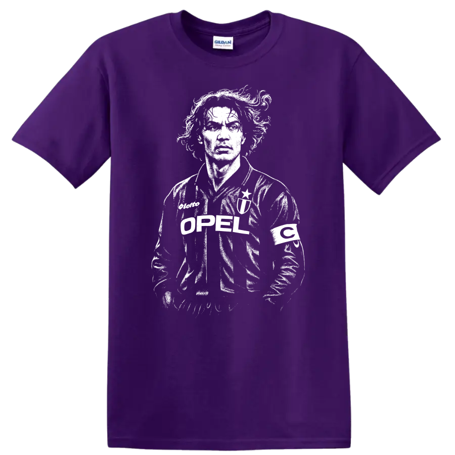 Retro soccer player portrait in vintage legend style T shirt on a Purple T Shirt