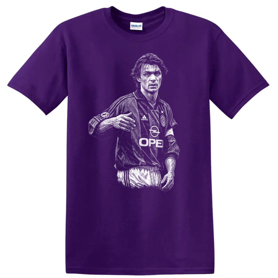 Retro soccer portrait of Paolo Cesare Maldini style graphic T shirt on a Purple T Shirt