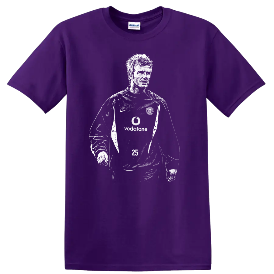 Black and white retro soccer player portrait graphic T-shirt on a Purple T Shirt