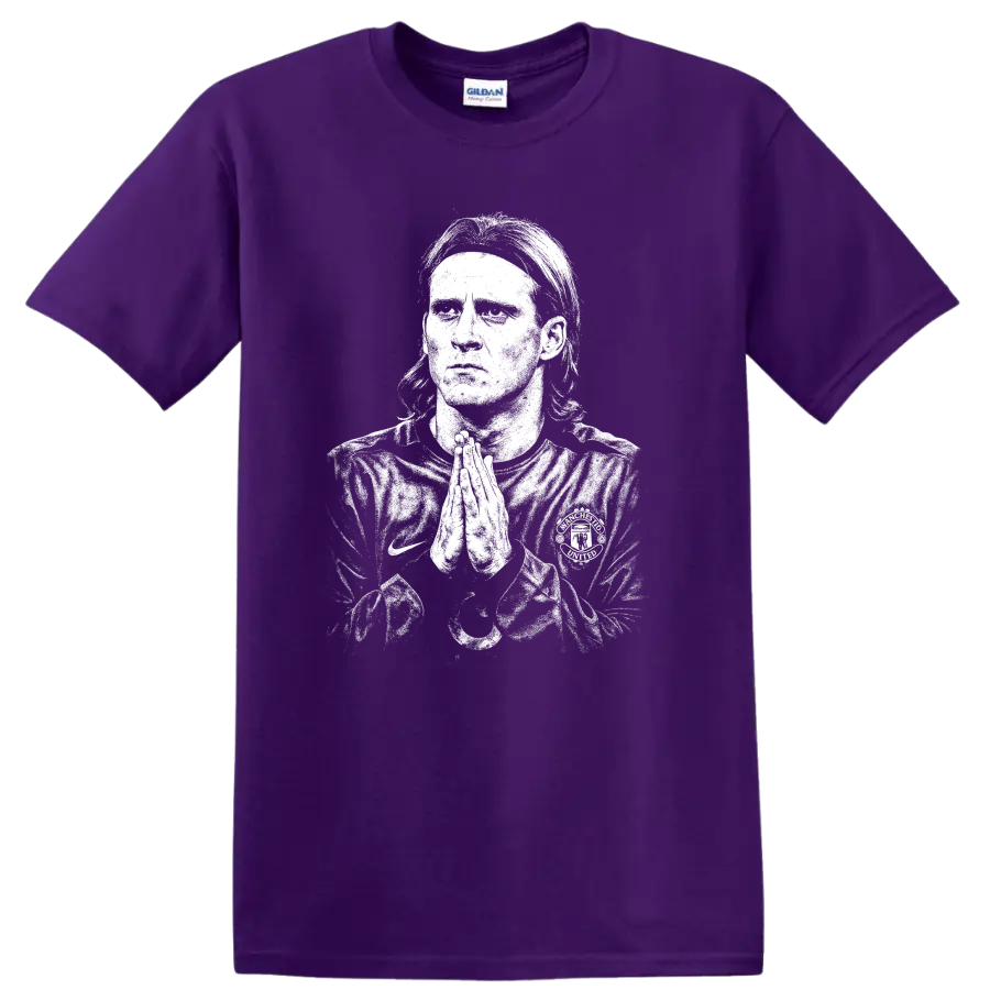 Retro soccer portrait graphic of Diego Forlán legend style on T shirt on a Purple T Shirt
