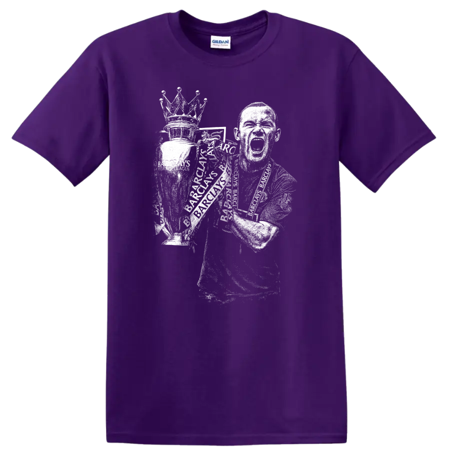 Retro soccer player portrait style graphic inspired by Wayne Rooney on a T shirt on a Purple T Shirt
