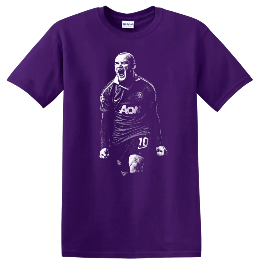 Retro black and white soccer player portrait style Wayne Rooney T shirt on a Purple T Shirt