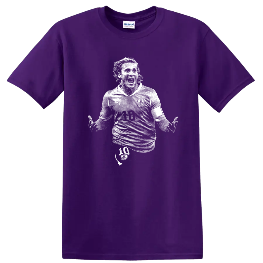Retro soccer portrait silhouette inspired by Diego Forlán T Shirt on a Purple T Shirt