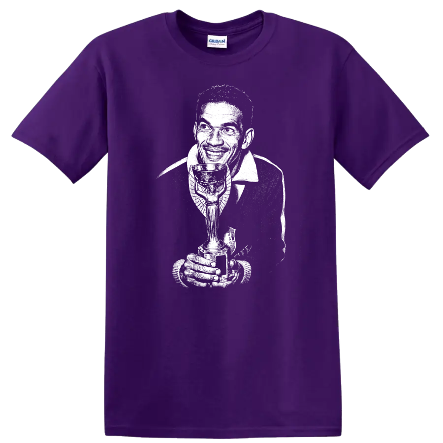 Black and white retro soccer portrait graphic T shirt of Manuel Francisco dos Santos on a Purple T Shirt