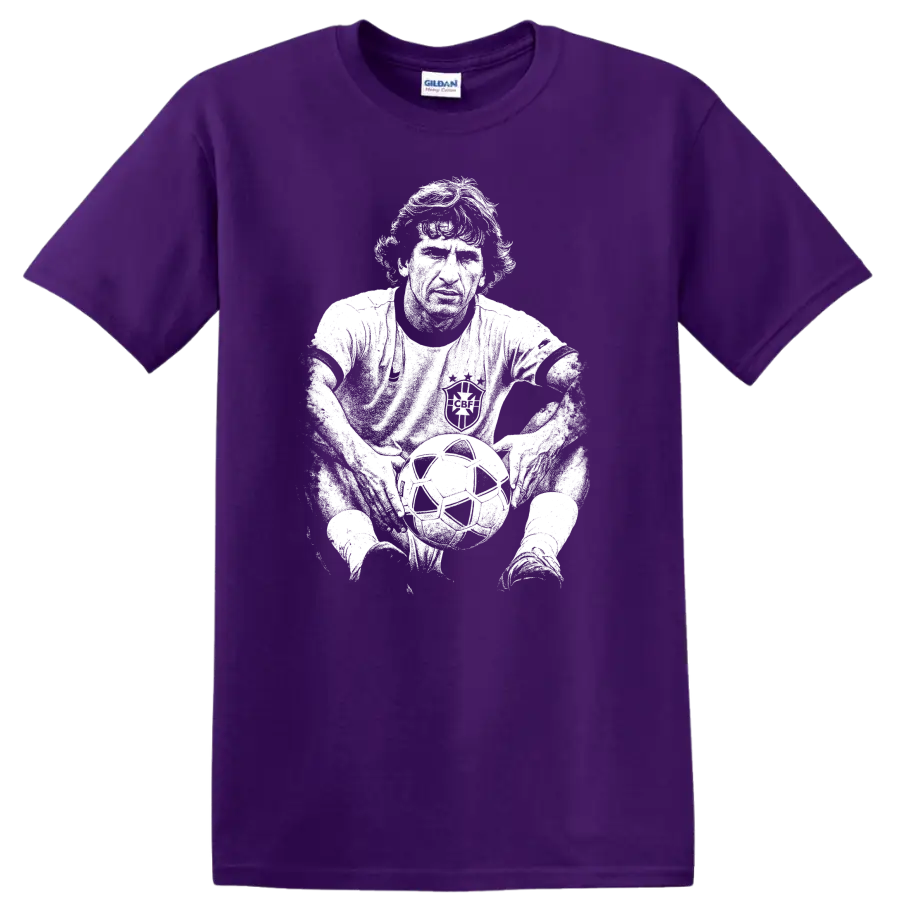 Retro soccer legend portrait style graphic inspired by Arthur Antunes Coimbra on a T shirt on a Purple T Shirt
